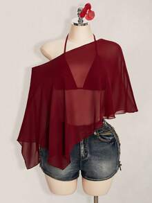 SHEIN ICON 加大码雪纺裹身三角杯系带吊带背心两件套女装 - 酒紅色 - 查看 3