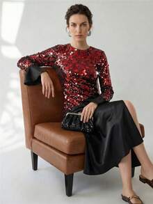 Uhlyne Uhlyne Abito elegante da festa per donna, con scollo a girocollo, maniche lunghe, vita arricchita da perline, colore unito con inserti, di stile lussuoso ed elegante - Bordò - Visualizzare 1