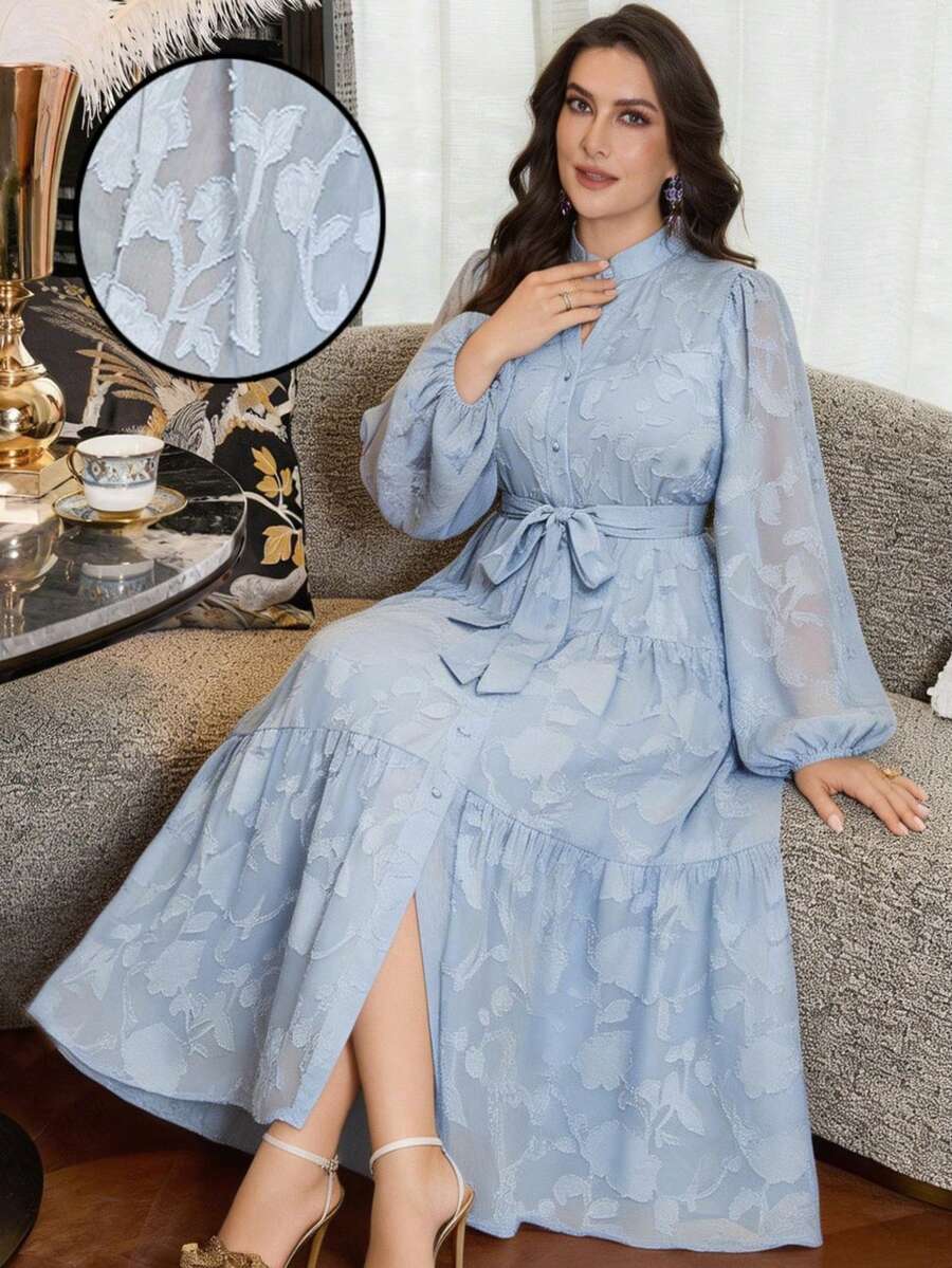 Modelyn 夏季大码V领灯笼袖纽扣前开襟休闲连衣裙 - 藍色 - 查看 1