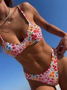 SHEIN Swim Mod Bộ bikini hai mảnh dáng suông cạp cao, họa tiết ngẫu nhiên, dành cho nữ, thích hợp cho mùa xuân/hè. - Nhiều màu - Xem 4