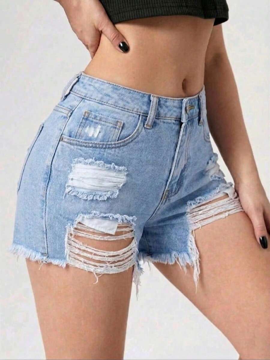 Blue Shorts With Hem And Decorative Keychain - Blue - View 1