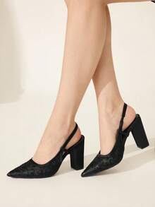 CUCCOO CHICEST 女士秋季新款网面尖头低帮细跟高跟优雅时尚刺绣线粗跟鞋 - 黑色 - 查看 7