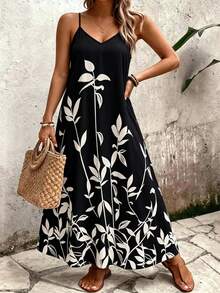 EMERY ROSE Plus Size Women's Deep V-Neck Spaghetti Strap Maxi Dress,Black And White Botanical Print,Summer Boho Elegant Beach Holiday Loose Fit Date - Black - View 4