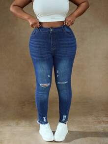 Truni Plus Size Fashion Versatile Washed Distressed Skinny Jeans, For Pear & Triangle Body Shape - Blue - View 5