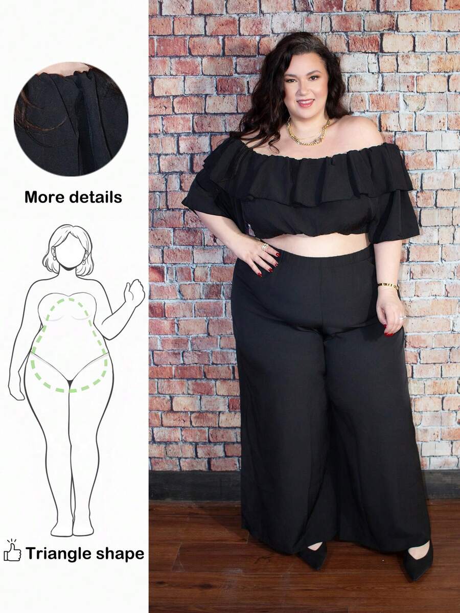 Truni Casual Basic Off-Shoulder Ruffle Wide Leg Jumpsuit Plus Size For Women,Holiday Outfits, For Pear Triangle Body Shape, For Body Shape, For Summer - Black - View 1