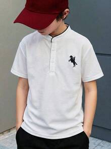 SHEIN 兒童青少年男孩白色休閒夏季開學季百搭立領半拉鍊寬鬆套頭 Polo 衫，Y2K 上衣，基礎 T-shirt，春季 - 白色 - 查看 3