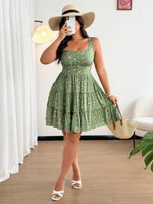 SHEIN PETITE CURVE 小巧精致的碎花吊带A字连衣裙 - 綠色 - 查看 7