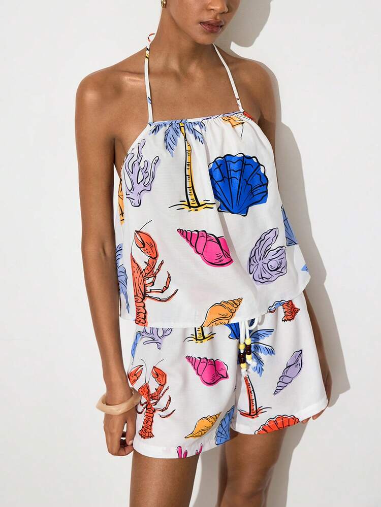 SHEIN Maija Women's Backless Halter Top With Ocean Element Print