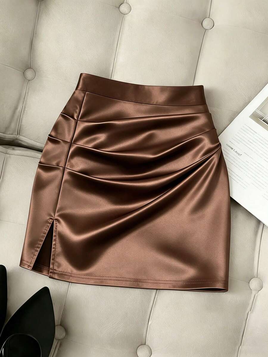 Franclia Chân váy midi xếp ly bằng vải satin màu nâu, đa năng, thanh lịch, thích hợp cho tiệc tùng, kỳ nghỉ, đi biển, mùa xuân/hè. - Cà phê nâu - Xem 1