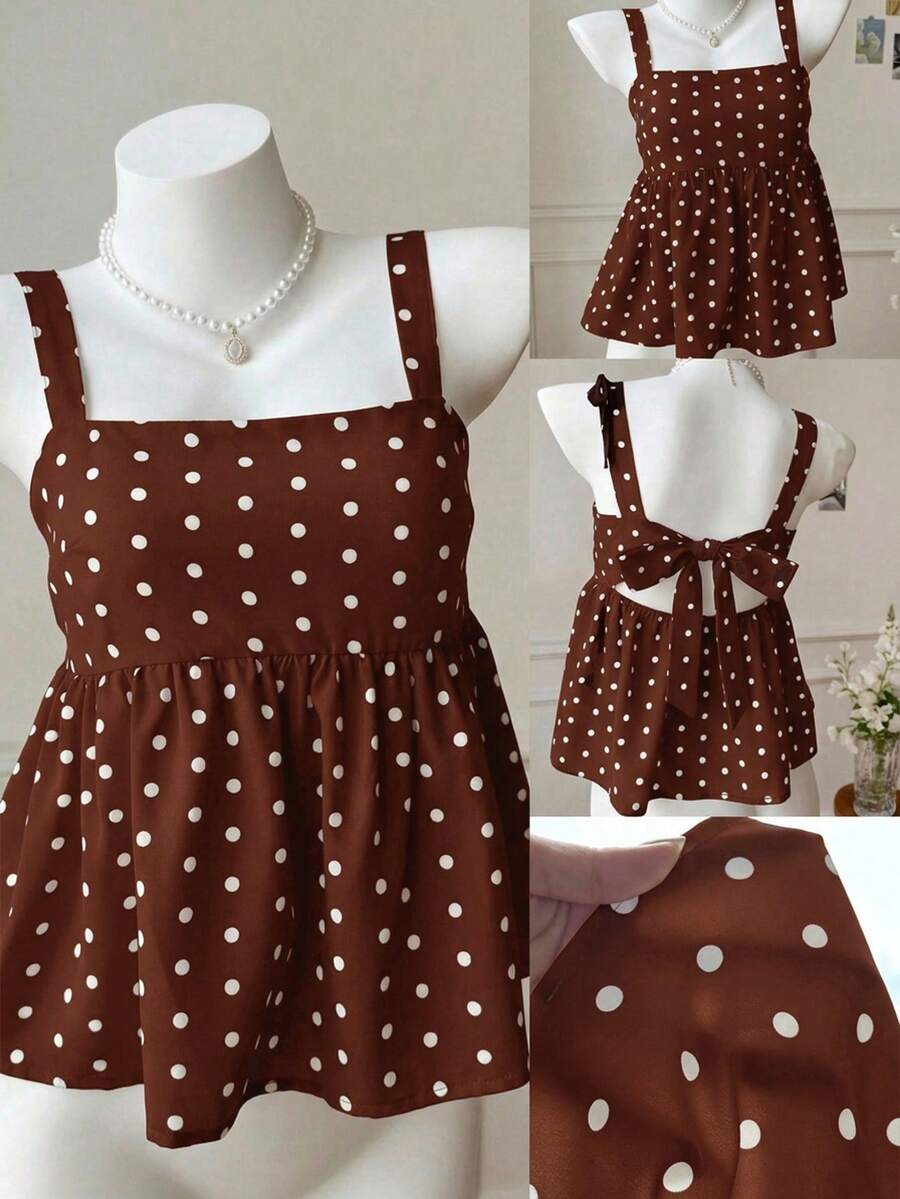 SHEIN Tween Girls' Casual Polka Dot Pattern Bow Decor Ruffle Hem Blouse - Brown - View 1