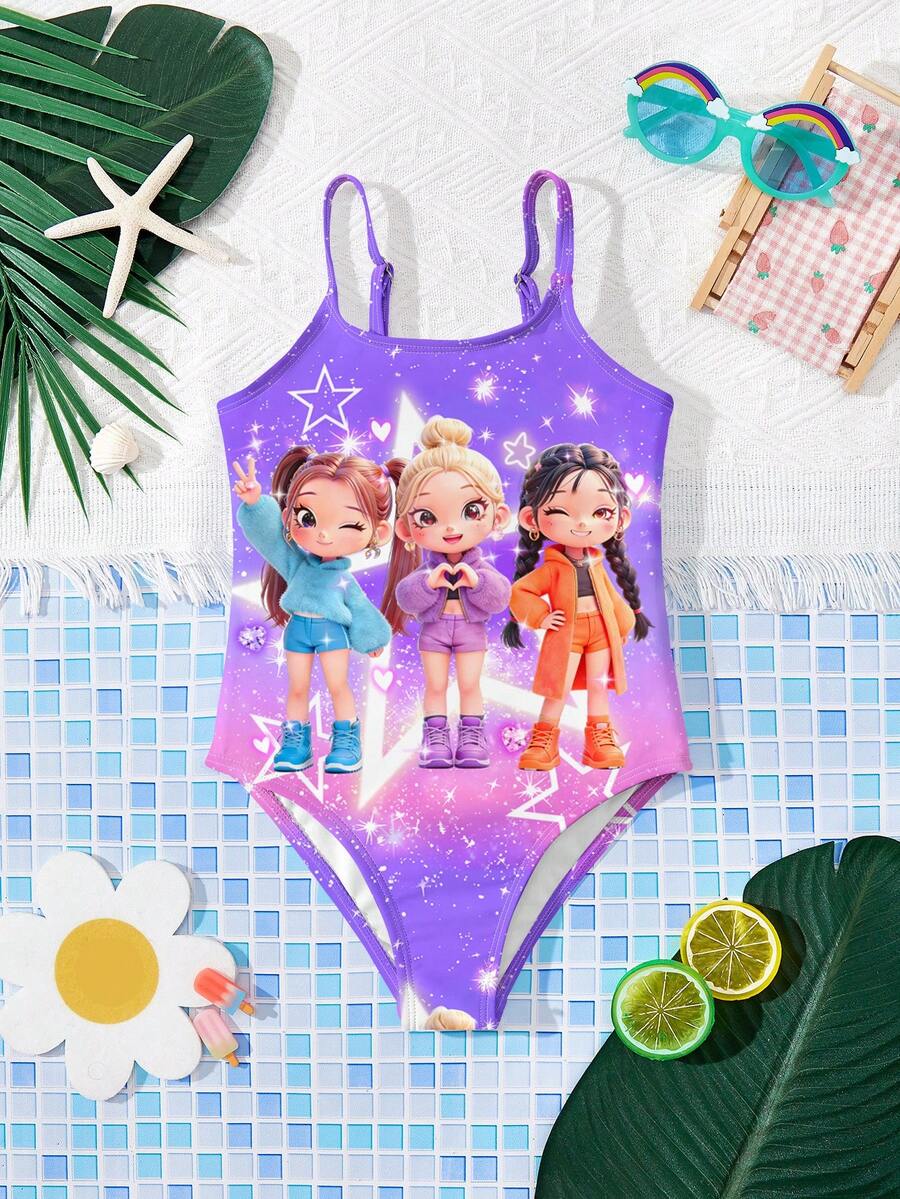 少女休闲卡通女孩肖像，鲜艳扎染，韩流明星连体泳衣，适合夏季穿着 - 彩色 - 查看 1
