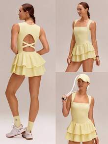 GLOWMODE Game On Buttery-Soft Quick-Dry Removable Cups Built-In Shorts Side Pockets Squareneck Cutout Back Tiered Tennis Dress Golf Pickleball Gym - French Vanilla - View 9