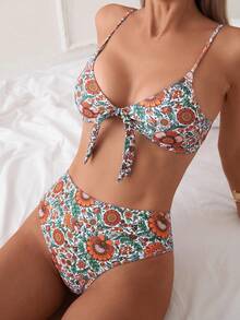 SHEIN Swim Summer Beach Women Vacation Floral Printed Front Knot Simple Fashionable Bikini Set Floral Pattern Random - Multicolor - View 3