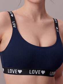 Áo ngực hai dây họa tiết trái tim và chữ cái dành cho nữ, đồ lót thường ngày - Xanh đậm - Xem 3