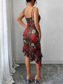 Xyvia Elegant Sexy Women's Spaghetti Strap Lace Patchwork Leopard Print Dress - Brown - View 2
