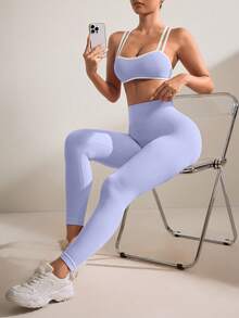 Easithlete Bộ đồ tập yoga co giãn không đường may, gồm áo hai dây và quần cạp cao. - Màu tím hoa cà - Xem 1