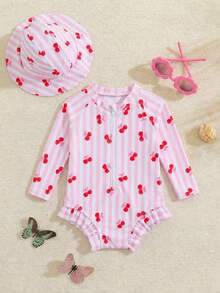 SHEIN Newborn Baby Cherry Striped Print Ruffled Long Sleeve Half Zip Front One-Piece Swimsuit And Sun Protection Hat Set, Beach/Resort Style - Multicolor - View 5