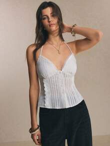 Poéselle Áo kiểu mùa hè, màu trơn, viền ren, cổ yếm, hở lưng. - trắng - Xem 7