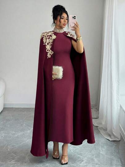 Rafferiza Women's Gold Floral Shawl Design, Slim Fit, Exquisite And Elegant Burgundy Long Dress, Elegant Dresses For Women's Party Dress, Elegant Dresses For Party Black Dress