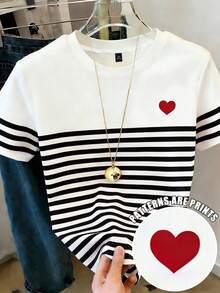 EMERY ROSE Plus Size Women's Heart & Stripe Digital Print Short Sleeve T-Shirt - Multicolor - View 1