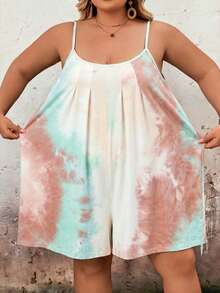 SHEIN CURVE+ Bộ áo liền quần xếp ly nhuộm màu tie-dye dáng rộng thoải mái với dây đeo mảnh dành cho nữ CURVE PLUS, trang phục đi biển Hoho cho nữ/váy đi biển/trang phục nghỉ mát đi biển/đồ cần thiết đi biển/váy tốt nghiệp/váy dự tiệc trà - Nhiều màu - Xem 1