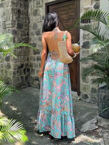 Sunnyshic 夏季休闲度假蓝色V领佩斯利花纹露背长款沙滩连衣裙（女款） - 藍色 - 查看 2