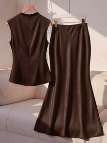 Ellevyn Sleeveless Top And Mermaid Skirt Set, Suitable For Elegant Commuting Wear - Mocha Brown - View 2
