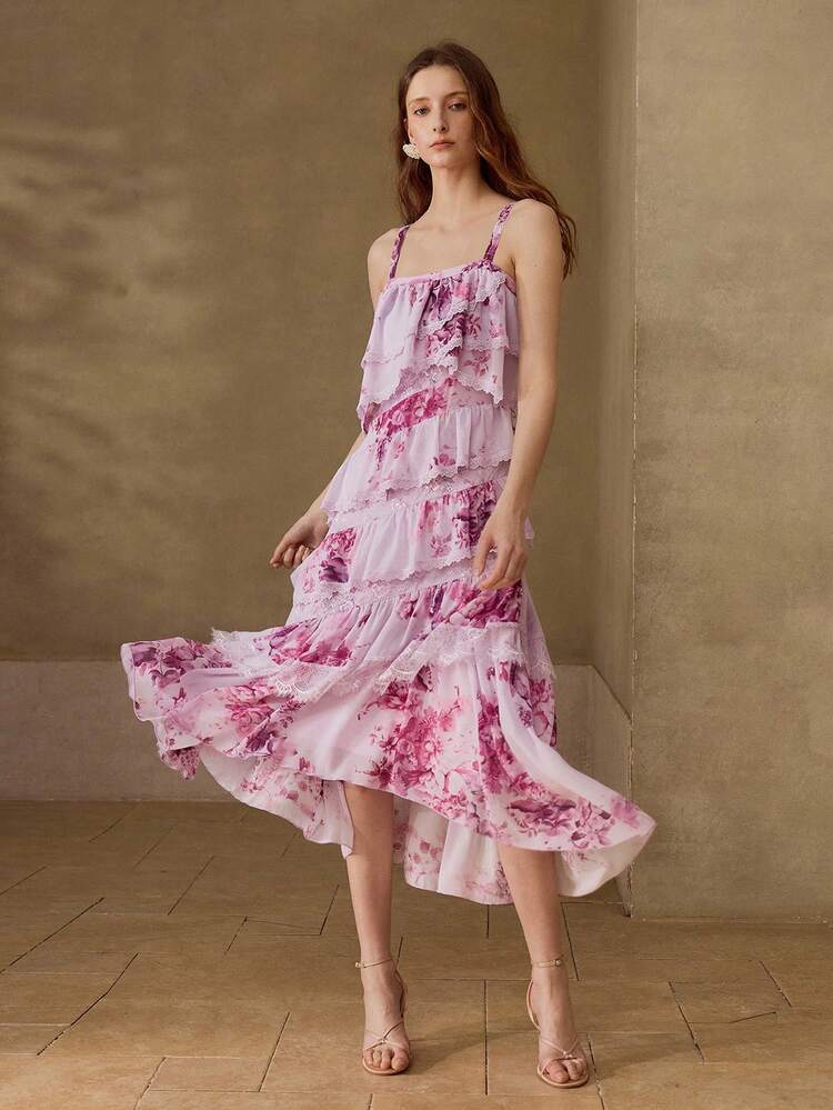 WOMEN'S FLORAL PRINT RUFFLED LAYERED ROMANTIC SPAGHETTI STRAP DRESS, SPRING/SUMMER