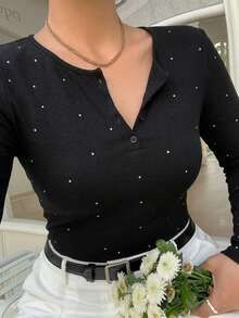 Dazy Plus Partial Zip-Up Elastic Fitted Solid Color Versatile Long Sleeve Black T-Shirt, Spring/Summer/Autumn - Black - View 7