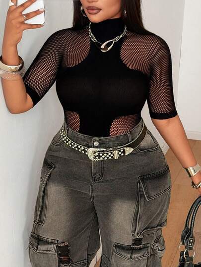 Maweii Blusa de verano de unicolor, con cuello alto, manga corta y ajustada, de moda y sexy, para mujer de talla grande