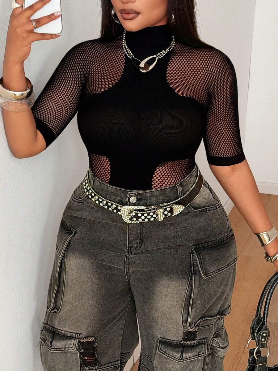 Maweii Plus Size Women's Solid Color Stand Collar Short Sleeve Fitted Fashionable Sexy Top, Summer - Black - View 1