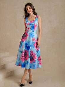 Ellevyn 女士优雅印花无袖中长连衣裙，夏季 - 藍色 - 查看 3