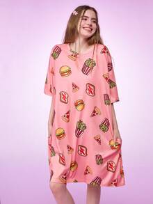 1 bộ đồ ngủ nữ dáng rộng in hình hamburger, khoai tây chiên, pizza. - Nhiều màu - Xem 5