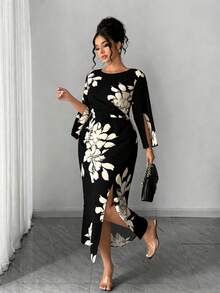 Elenzga Plus Size Women's Elegant Commuter Minimalist Daily Date Party Sexy Daily Banquet Slit Cuff Fitted Apricot Base Black Floral Print Maxi Dress - Black and White - View 1