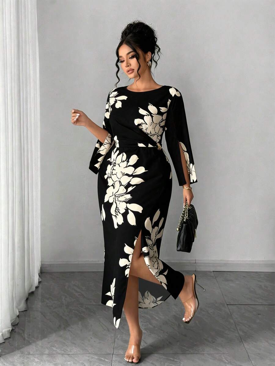 Elenzga Plus Size Women's Elegant Commuter Minimalist Daily Date Party Sexy Daily Banquet Slit Cuff Fitted Apricot Base Black Floral Print Maxi Dress - Black and White - View 1