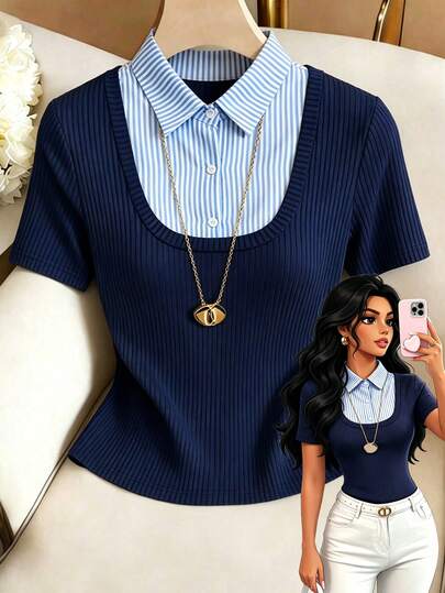 Elenzga Women's Casual Striped Patchwork T-Shirt For Summer