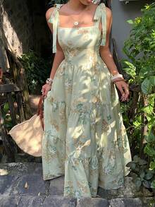 Sunnyshic Women's Floral Tie-Front Dress, Elegant Boho Romantic Floral Vacation Style Summer Beach Vacation Dress, Spring/Summer Pale Green - Green - View 5