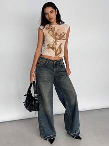 Siren Gaze 女士休闲度假印花短袖荷叶边修身短款网眼T恤，夏季 - 杏色 - 查看 4