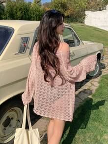 DAZY Vestido de punto holgado con diseño calado para mujer, atuendo de vacaciones - Beis - Ver 5