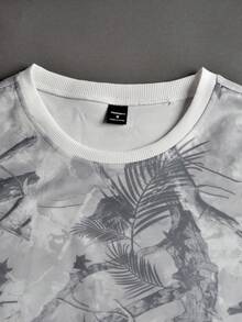 STYNVO 男士休闲树叶印花圆领短袖T恤，夏季 - 淺灰色 - 查看 4