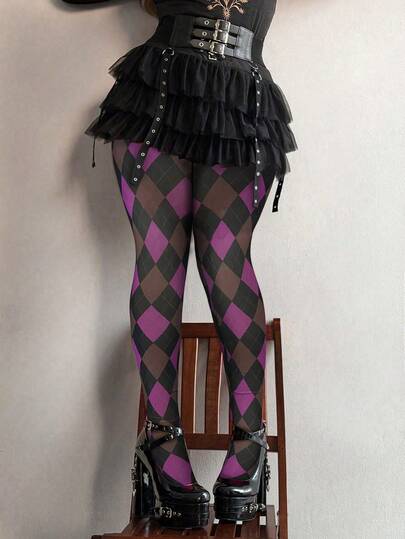 Whyspr Quần legging nữ kiểu punk gợi cảm họa tiết hình thoi kẻ caro màu đen và đỏ.
