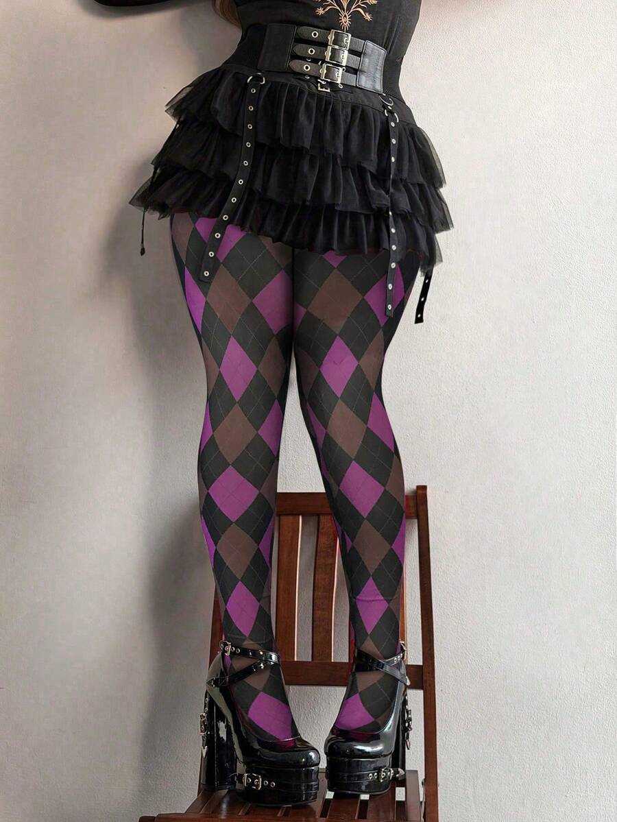 Whyspr Punk Sexy Mesh Rhombus Plaid Skinny Women's Leggings In Black & Red - Purple - View 1