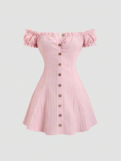 Sweetra Women's Spring/Summer Pink French Elegant Casual Elegant Flower Bud Off-Shoulder Button Design Petal Sleeve Waist Cinched Mini Dress