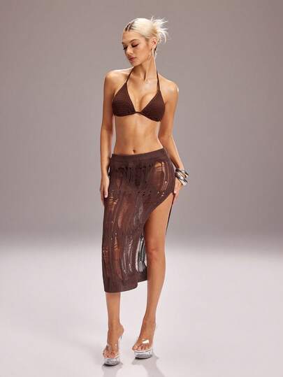 Y2Kool BiGraphic 女士纯色拼接针织镂空时尚百搭毛衣裙