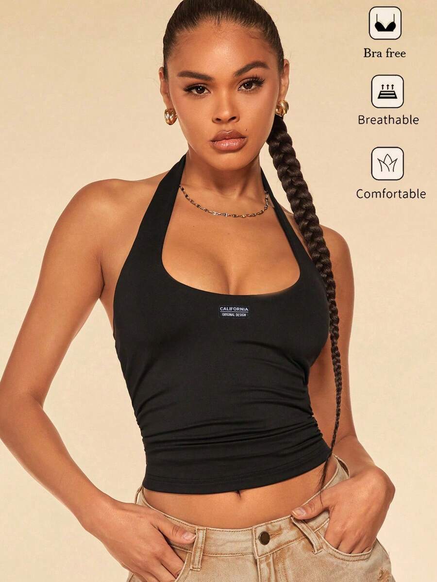 SHEIN BAE 女士休闲露背紧身吊带上衣 - 黑色 - 查看 1