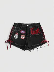 ROMWE Avant Quần short denim dáng ôm mini, kiểu dáng thể thao Y2K retro dành cho nữ, chất liệu jersey, có logo in nổi, dây rút, cạp thấp, gợi cảm. - màu đen - Xem 7