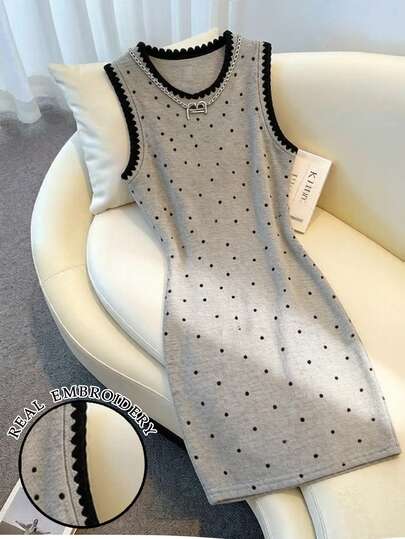 Resyla Vestido ajustado de mujer con cuello redondo, bordado de conchas y estampado de lunares a la moda