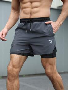 Gym Rark Herren Kontrast-Farbe Kordelzug Elastischer Bund Tasche Casual Sport Shorts - Dunkelgrau - Übersicht 1