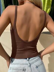 DAZY 女士夏季露背修身短款吊带背心，休闲街头风打底衫 - 咖啡棕 - 查看 1