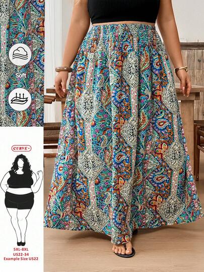 SHEIN CURVE+ Chân váy cỡ lớn in họa tiết toàn thân, cạp chun, thích hợp cho các dịp lễ hội, đám cưới, đi học.